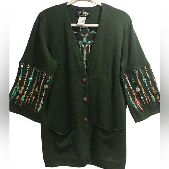Bob Mackie Wearable Art Cardigan Sweater Embroidered Feather Detail Woman’s Med - Picture 2 of 8